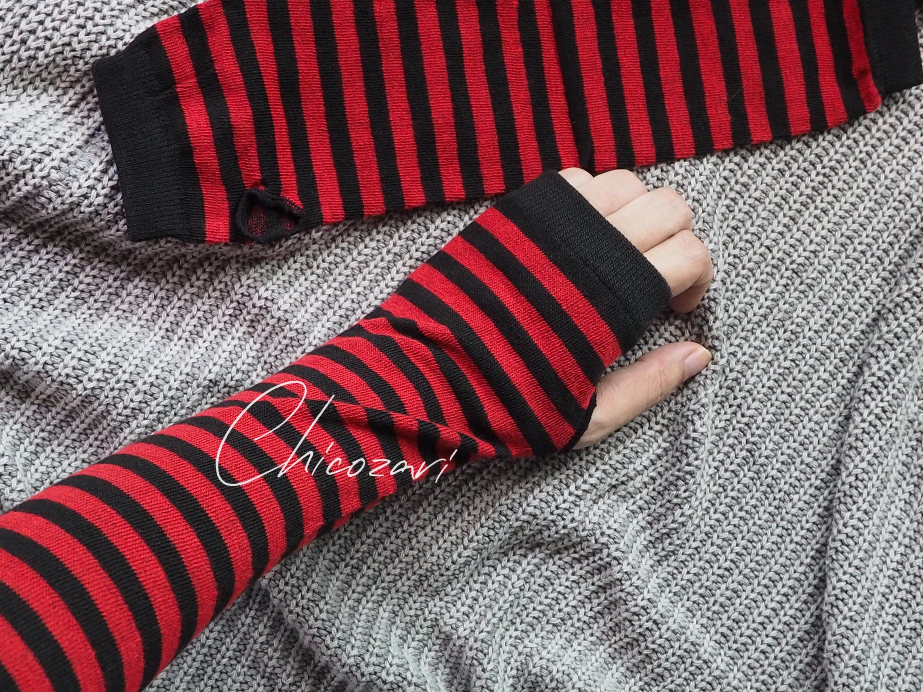 Striped Red Black Arm Warmers Fingerless With Thumbhole Halloween