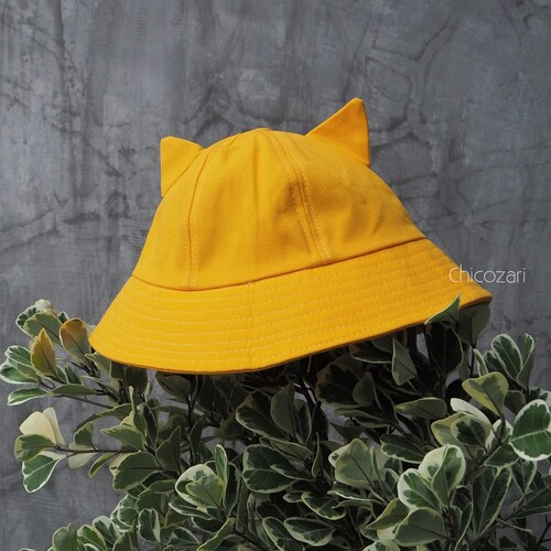 Yellow Round Bucket Hat With Cat Ears 