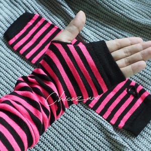 Striped pink Black Arm Warmers Fingerless with Thumbhole Halloween Emo Goth cosplay harajuku