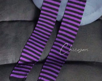 70 cm Striped Over the knee sheer stockings- Purple black -Halloween Costume / cosplay sock