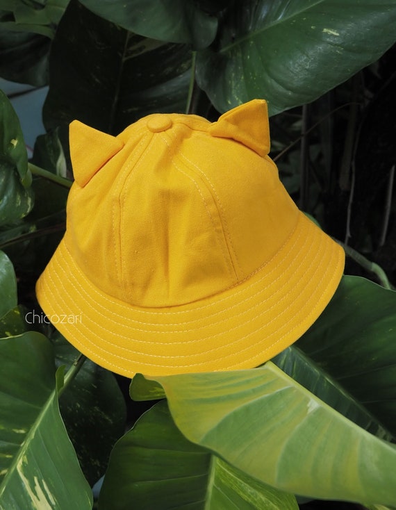 Khaki Round Bucket Hat With Cat Ears 