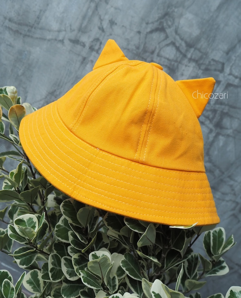 Yellow Round Bucket Hat With Cat Ears Etsy