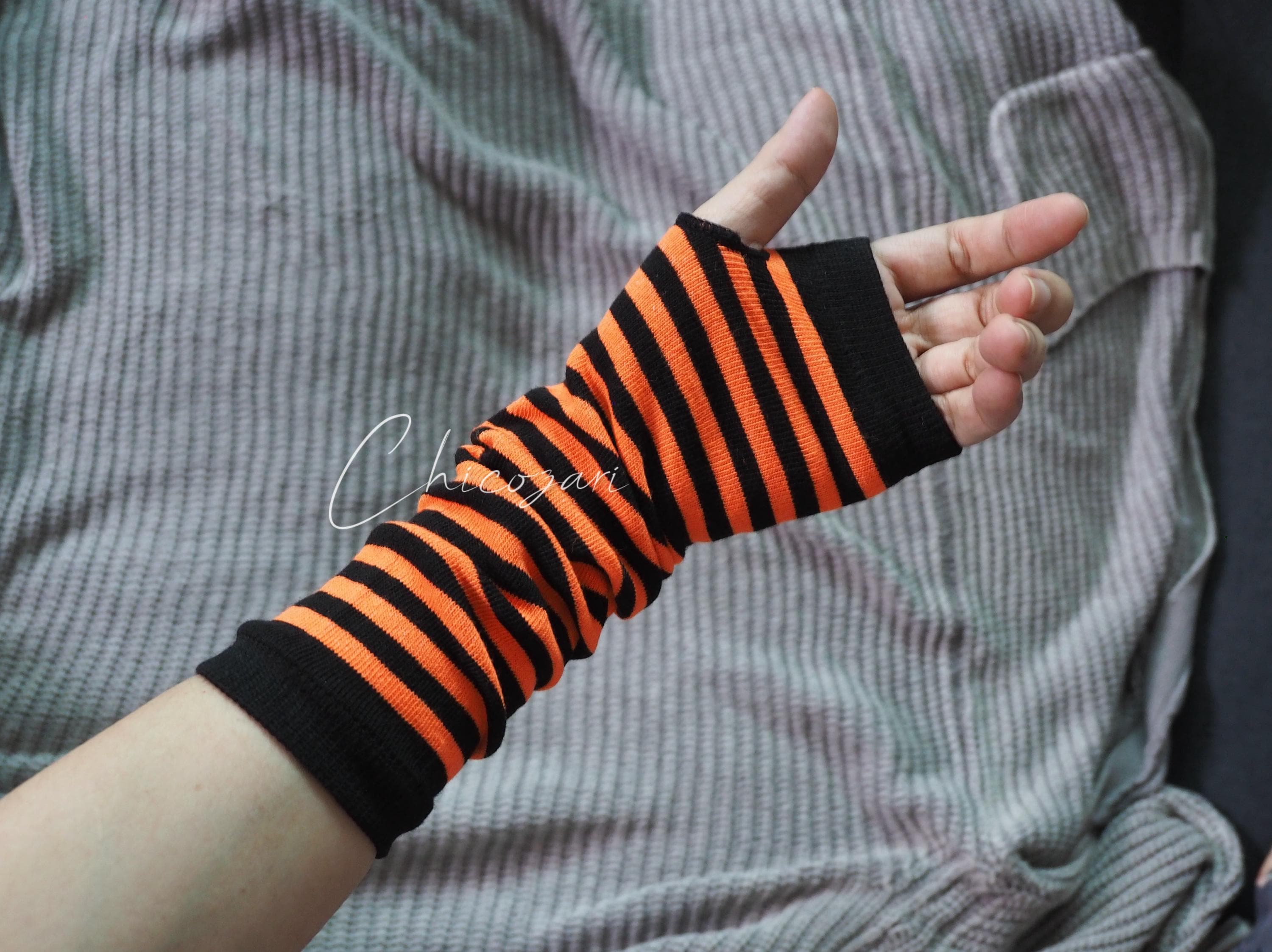 Striped Orange and Black Arm Warmers Fingerless With Thumbhole