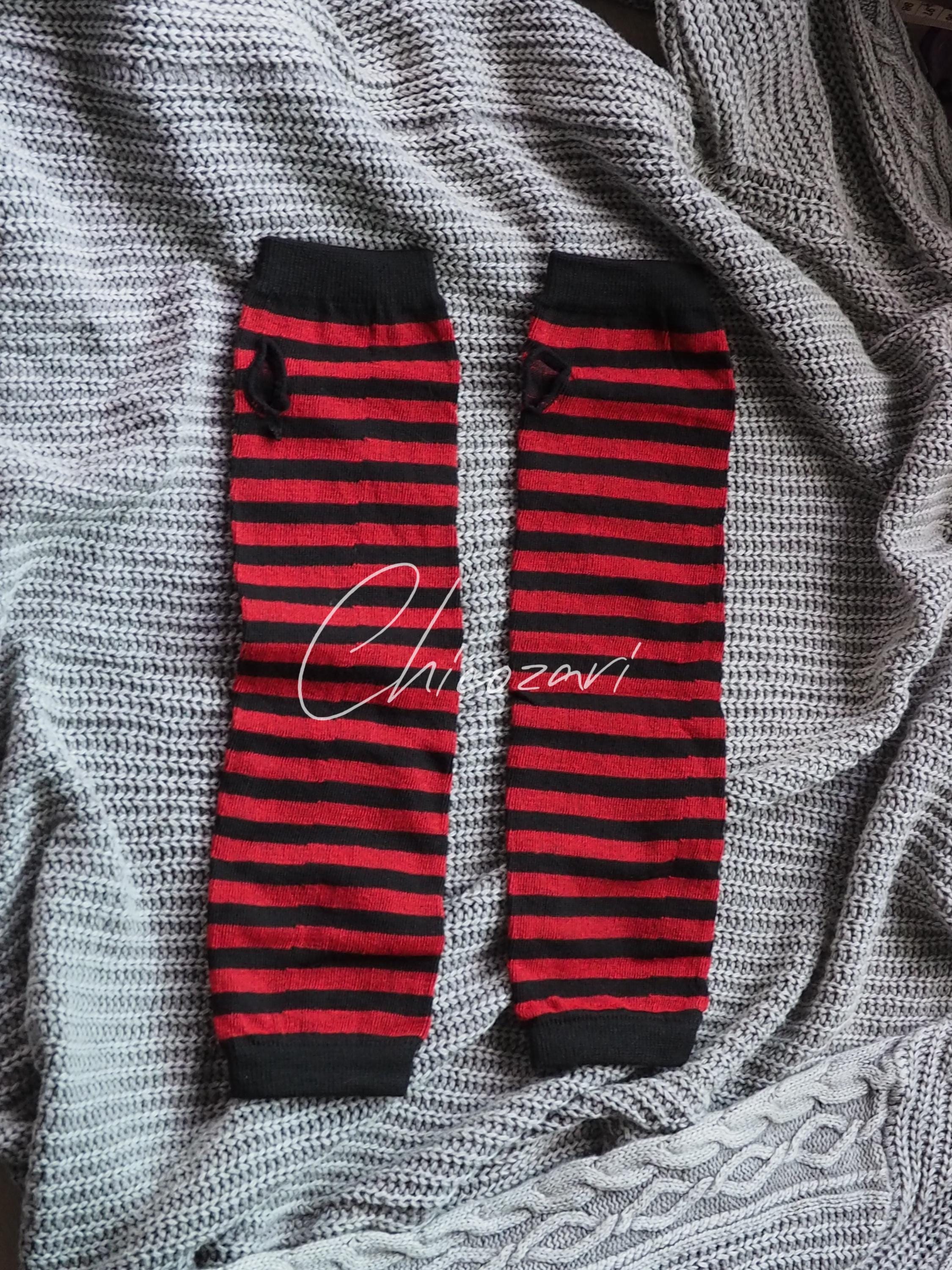 Striped Red Black Arm Warmers Fingerless With Thumbhole Halloween