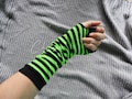 Striped Arm Warmers: Neon Green & Black, Fingerless Thumbhole Cotton Gloves product logo