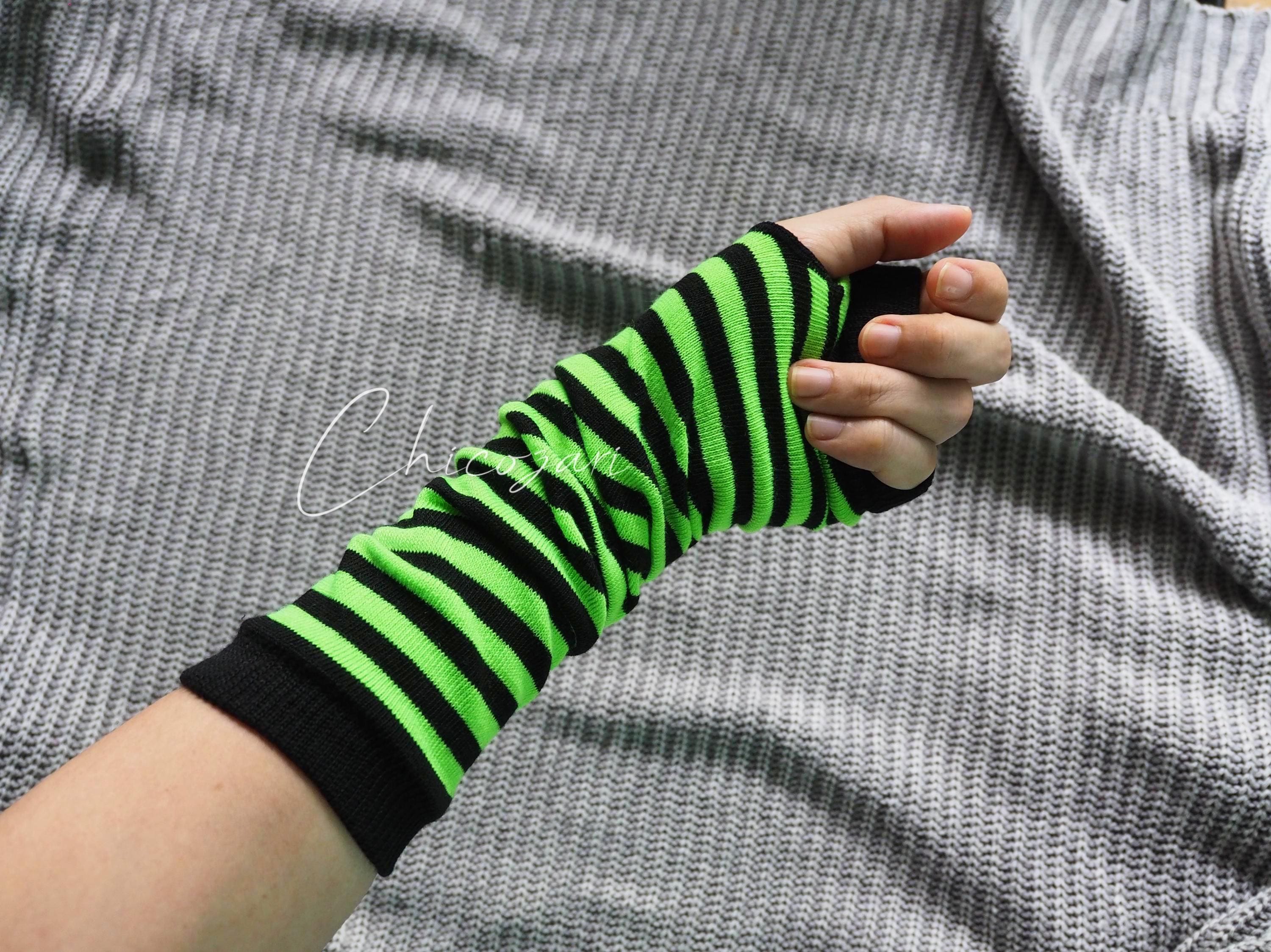 Striped Arm Warmers: Neon Green & Black, Fingerless Thumbhole