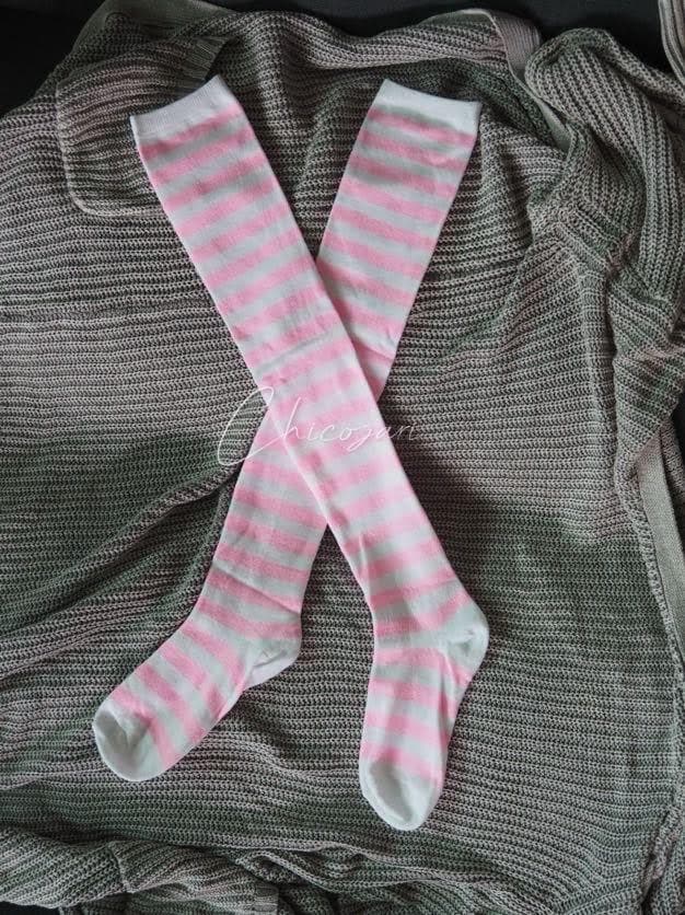 65cm Light Pink and White Striped Cotton Over the knee socks-Halloween Costume / cosplay sock