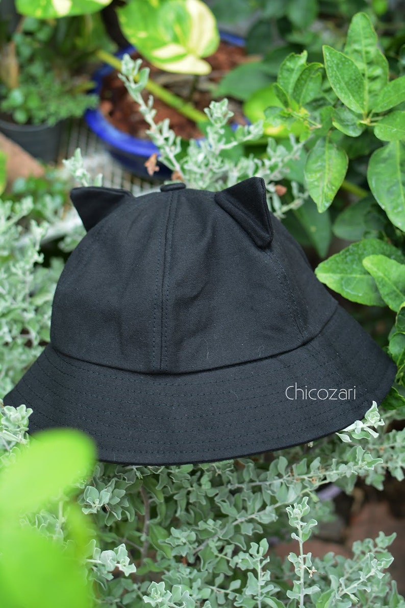 Black round Bucket Hat with cat ears Etsy