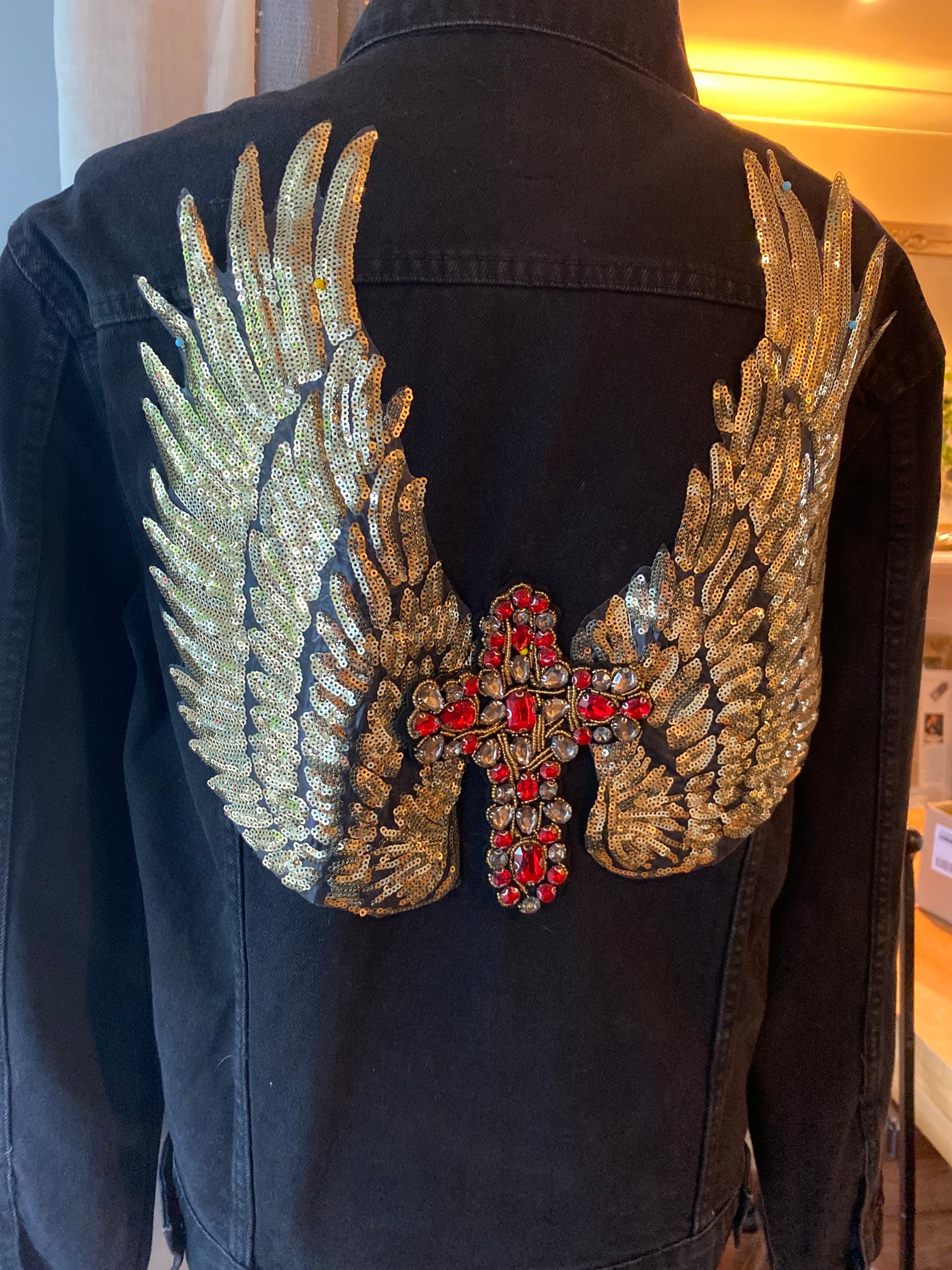 Black Embellished Denim Jacket Etsy