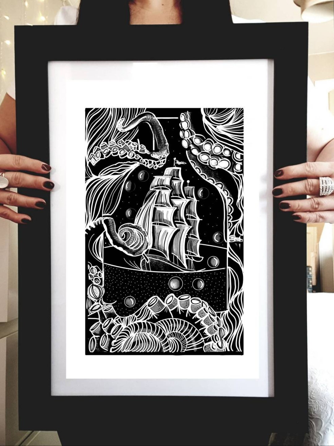 Nautical Pirate Ship Print, Gothic Home Decor, Black Home Decor, Black