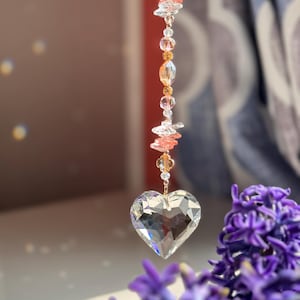 Crystal Heart Suncatcher: Champagne Rose Gold Light Catcher, 18.5&quot; Handmade