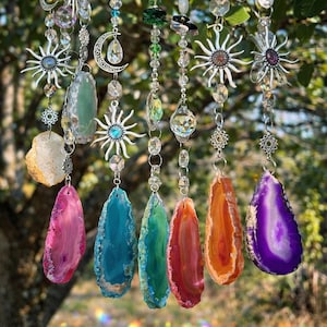 Agate Crystal Suncatcher: Sun and Moon Charm with Teardrop or Ball Prism