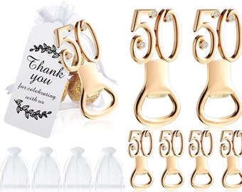 50 Pack Gold Bottle Openers 50th Birthday Party Favors White Sheer Organza Bags Thank You Tags Wedding Decor Anniversary Souvenir Guest Gift