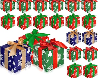 48 Christmas Gift Boxes 4 x 4 x 4'' Snowflake Christmas Tree Present Boxes Kraft Candy Containers with Ribbon Xmas Wedding Favors Treat Box