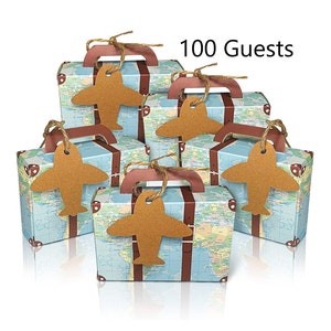 100 Mini Suitcase Favor Boxes World Map Gifts Travel Theme Airplane Party Candy Box Kraft Paper Tag Let the Adventure Baby Shower Decoration