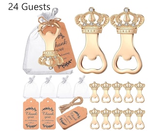 24 Crown Bottle Openers Fairytale Theme Guest Gifts Wedding Favors Princess Baby Shower Girl or Boy Souvenirs Thank you Tags Organza Bags