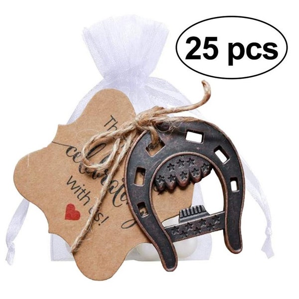 25 Horseshoe Favors Thank you Tags Sheer Bags Lucky Bottle Opener Rustic Gift Just Hitched Metal Souvenir Western Farm Cowboy Barnyard Party