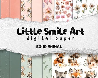 May include: A set of 10 digital papers featuring cute woodland animals, including deer and raccoons, with floral patterns in shades of green, pink and white. The papers are titled "Little Smile Art digital paper BOHO ANIMAL".