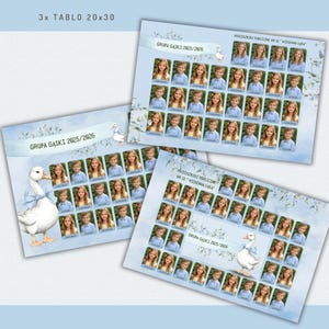 May include: Three school photo boards, each 20x30 cm, featuring student portraits. The boards have a light blue background with floral accents and a cartoon goose illustration. Text includes "GRUPA GĄSKI 2025/2026" and school name.