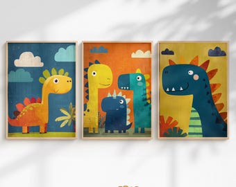 Colorful Dinosaur Wall Art | Boho Dino Prints for Kids Room | Watercolor Nursery Decor | Digital DownloadPosters