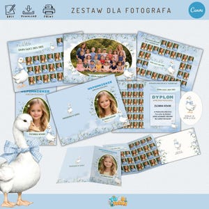 Może przedstawiać: Zestaw jasnoniebieskich szablonów zdjęć z ilustracją kaczki i tekstem "ZESTAW DLA FOTOGRAFA". Szablony obejmują zdjęcia grupowe, portrety indywidualne i dyplomy. Projekt zawiera kwiatowe akcenty i logo Canva.