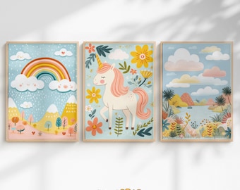 Boho Unicorn Wall Art | Watercolor Rainbow and Flowers Prints | Girls Room Decor | Nursery Wall Art | Digital Download