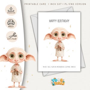 May include: A printable birthday card featuring a cartoon character with large ears and green eyes. The card reads "Happy Birthday" and "May all your wishes come true." The card is 5x7 inches and includes download, print, and cut/fold icons.