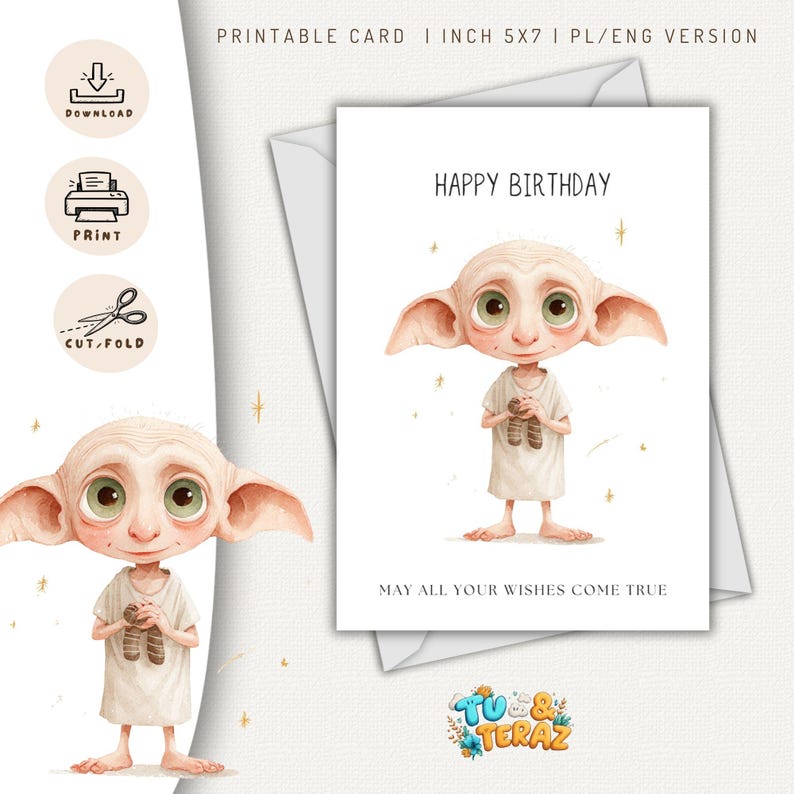 May include: A printable birthday card featuring a cartoon character with large ears and green eyes. The card reads "Happy Birthday" and "May all your wishes come true." The card is 5x7 inches and includes download, print, and cut/fold icons.