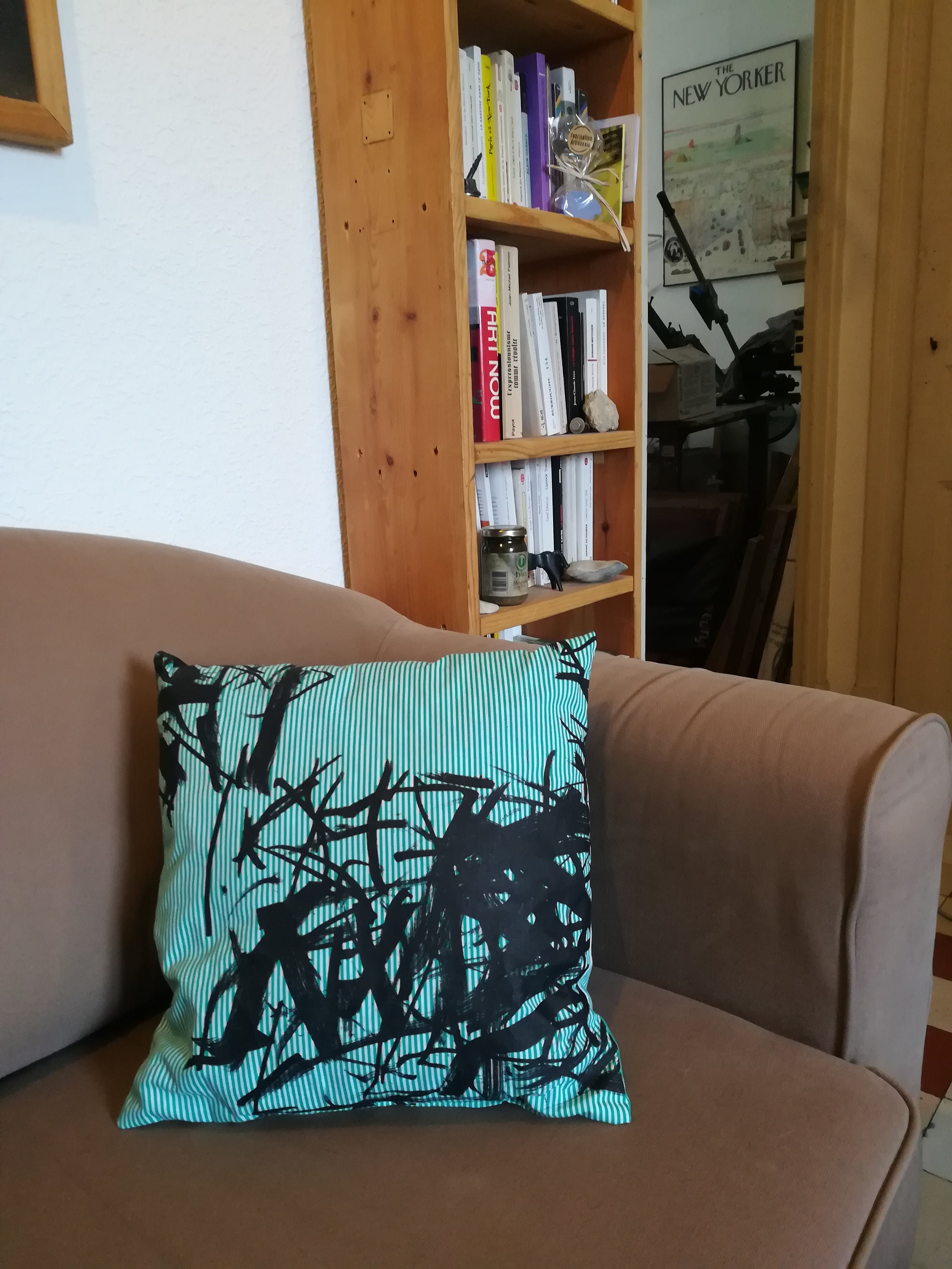 Coussin Sérigraphié Rayé Vert et Blanc