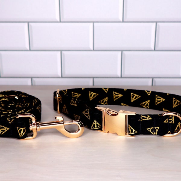 Black and Gold Magic HP luxe hondenhalsband en riemset met gouden metalen hardware - verstelbare halsband