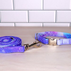 Purple Pastel Galaxy Print Luxury Dog Collar and Leash Set with Silver Metal Hardware - Adjustable Dog Collar, 100% Cotton Collar and Leash
