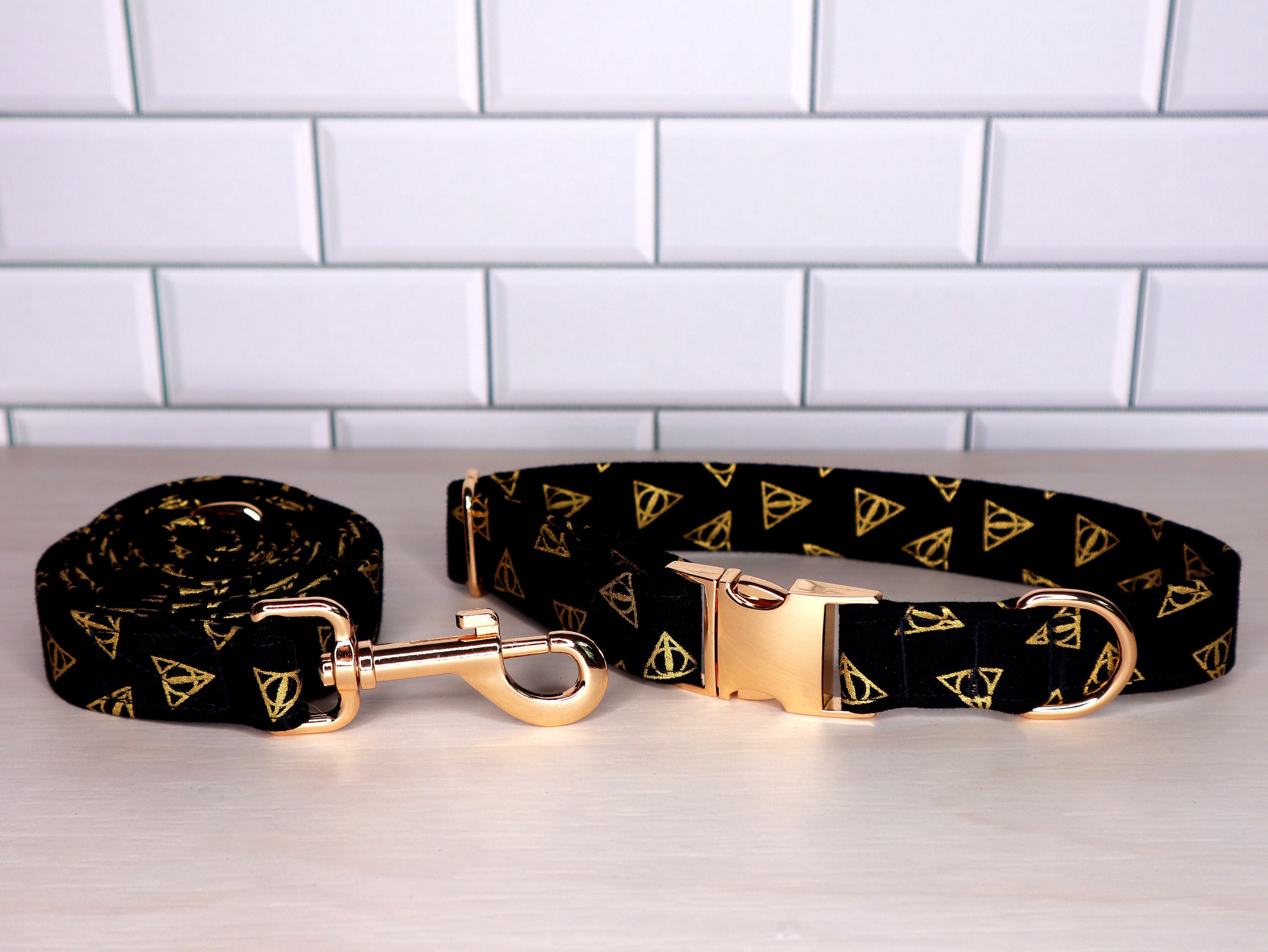 Black and Gold Magic HP Luxury Dog Collar and Leash Set With 