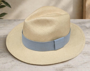 Genuine Natural Panama Hat with Removable Light Grey Band – Handwoven Ecuador Toquilla Hat, Summer Hat, Men’s Women’s Fedora Hat