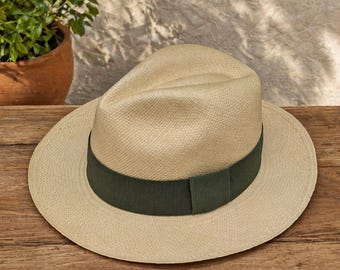 Genuine Natural Panama Hat with Removable Olive Green Band – Handwoven Ecuador Toquilla Hat, Summer Hat, Men’s Women’s Fedora Hat