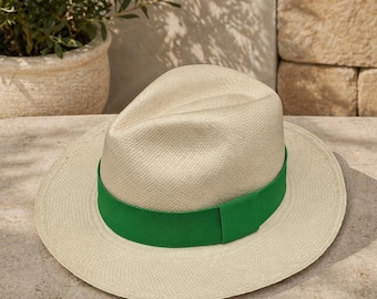 Genuine Natural Panama Hat with Removable Green Band – Handwoven Ecuador Toquilla Hat, Summer Hat, Men’s Women’s Fedora Hat