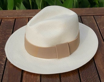 Genuine Ecuadorian White Panama Hat with Handmade Removable ~ Beige ~ Elastic Band Handwoven Toquilla Palm Hat