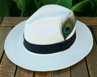 Genuine White Panama Hat with Peacock Feather - Handwoven Ecuador Toquilla Hat, Travel Sun Hat, Summer Hat, Men’s Women’s Fedora Hat