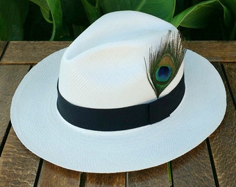 Genuine Ecuadorian White Panama Hat with Removable Peacock Feather  ~ Handwoven Toquilla Palm Hat