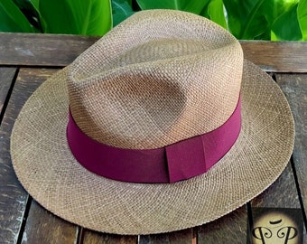 Genuine Ecuadorian Brown Panama Hat with Handmade Removable ~ Plum Purple ~ Elastic Band Handwoven Toquilla Palm Hat