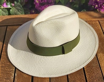 Genuine Ecuadorian White Panama Hat with Handmade Removable ~ Olive Green ~ Elastic Band Handwoven From Toquilla Palm