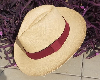 Genuine Ecuadorian Natural Panama Hat with Handmade Removable ~ Burgundy Red ~ Elastic Band Handwoven From Toquilla Palm