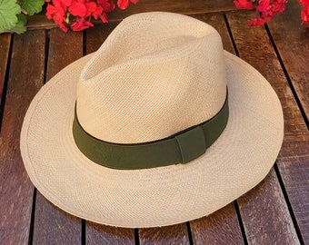 Genuine Ecuadorian Natural Panama Hat with Handmade Removable ~ Olive Green ~ Elastic Band Handwoven From Toquilla Palm