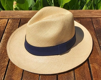 Genuine Ecuadorian Natural Panama Hat with Handmade Removable ~ Navy ~ Elastic Band Handwoven From Toquilla Palm