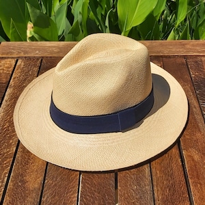 Genuine Ecuadorian Natural Panama Hat with Handmade Removable Navy Elastic Band Handwoven From Toquilla Palm image 1