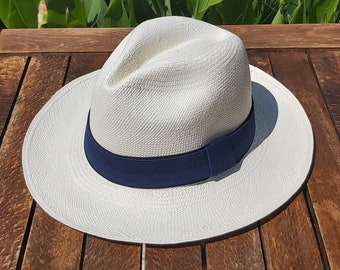 Genuine Ecuadorian White Panama Hat with Handmade Removable ~ Navy ~ Elastic Band Handwoven From Toquilla Palm