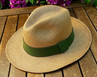 Genuine Ecuadorian Brown Panama Hat with Handmade Removable ~ Olive Green ~ Elastic Band , Handwoven From Toquilla Palm