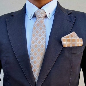 Handmade Satin Tie With Matching Pocket Square Wedding Best Man Groom Groomsmen Gold and Cream