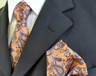 Handmade Satin Tie With Matching Pocket Square Wedding Best Man Groom Groomsmen Gold and Blue Paisley