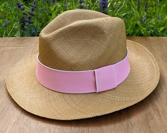 Genuine Ecuadorian Brown Panama Hat with Handmade Removable ~ Light Pink ~ Elastic Band Handwoven Toquilla Palm Hat