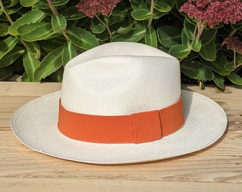 Genuine Ecuadorian White Panama Hat with Handmade Removable ~ Orange ~ Elastic Band Handwoven Toquilla Palm Hat